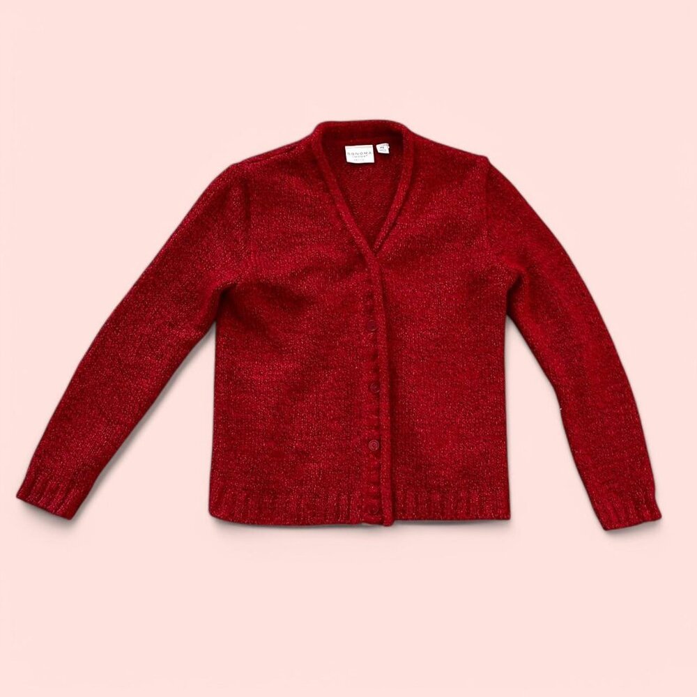 knitted red cardigan